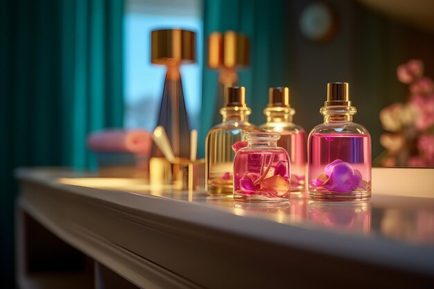 Pétalas de orquídea em garrafas de perfume na mesa do Spa fundo colorido rosa e dourado