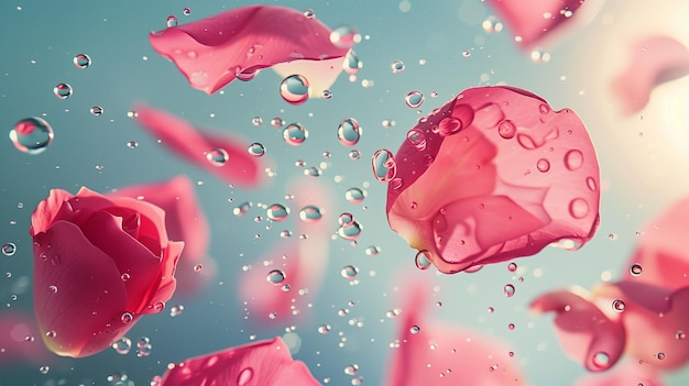 pétalas de rosa cairão em fundo floral abstrato com desenho de cartão de saudação de pétala de rosa