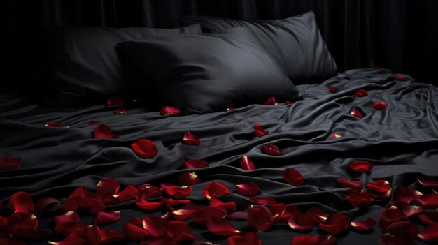 Foto pétalas de rosa espalhadas sobre lençóis de seda preta satinada visual romântico