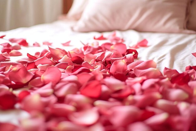Pétalas de rosa na cama pela manhã