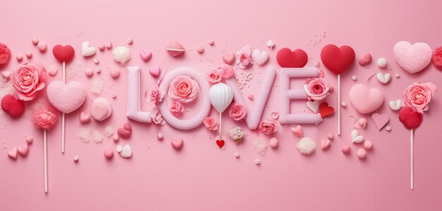 Foto pétalas de rosa rosa e textos de amor com fundo rosa