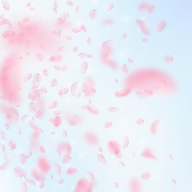 Foto pétalas de sakura caindo gradiente romântico de flores cor de rosa pétalas voadoras no fundo quadrado do céu azul conceito de romance de amor convite de casamento atraente