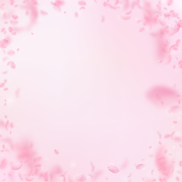 Pétalas de Sakura caindo Vinheta romântica de flores rosa Pétalas voadoras no fundo quadrado rosa Conceito de romance de amor Convite de casamento requintado