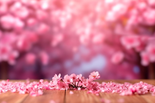 Pétalas de uma flor rosa em uma mesa de madeira