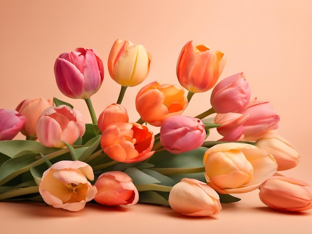 Pétalas multicoloridas de tulipas em fundo cor de pêssego Fundo suave de primavera