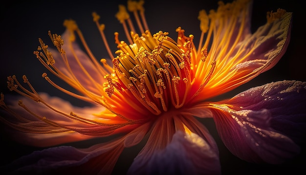 Pétalas vibrantes brilham em close-up cabeça de flor gerada por IA