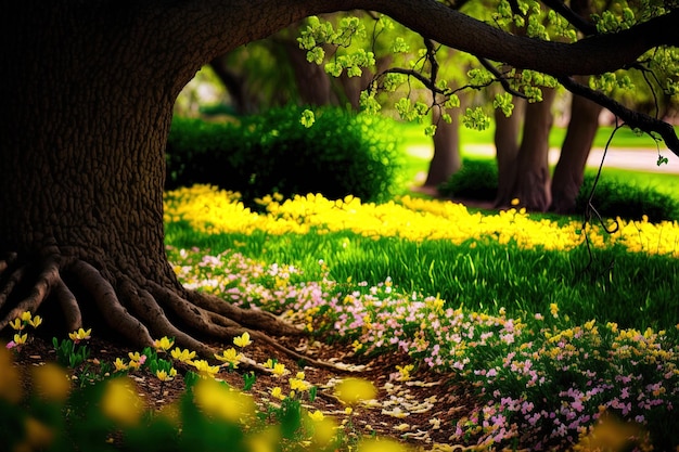 Pétalos de flores debajo de un árbol