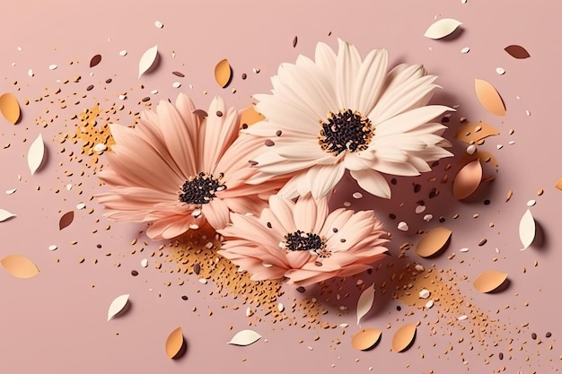 Pétalos de flores con polen en flores sobre fondo rosa pastel creado con ai generativo