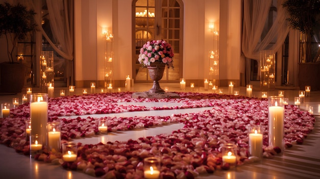 Pétalos de flores de rosa con velas en el suelo fondo romántico papel tapiz romántico