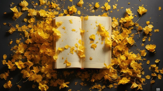 Pétalos literarios que incorporan flores prensadas o pétalos en la fotografía de libros.