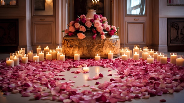 Pétalos románticos en el suelo con velas fondo romántico papel tapiz romántico