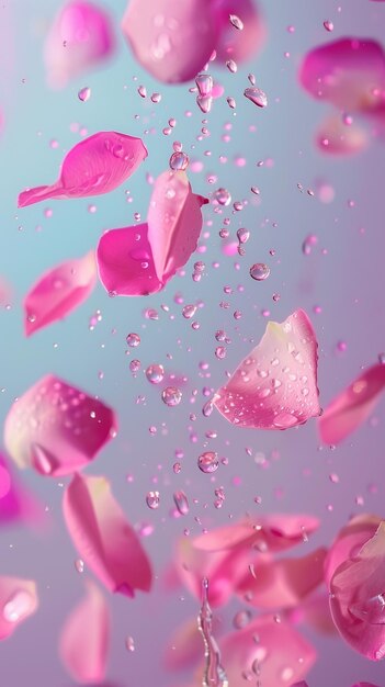 Foto los pétalos de rosa caerán sobre un fondo floral abstracto con el diseño de la tarjeta de felicitación de pétalos del rosa