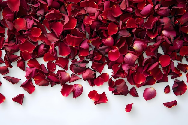 Pétalos de rosa roja sobre fondo blanco Fondo del día de San Valentín