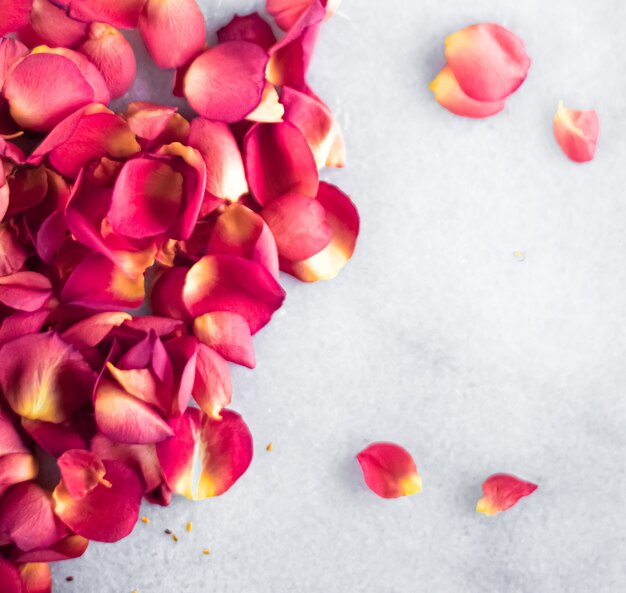 Pétalos de rosa sobre fondo de mármol decoración floral y boda flatlay tarjeta de felicitación de vacaciones telón de fondo para ...