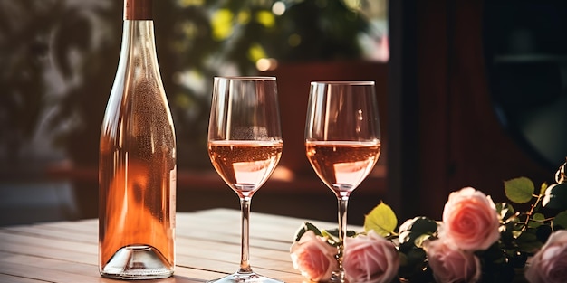 Foto pétalos de rosas para el día de san valentín con vasos de vino de rosas en una mesa de madera