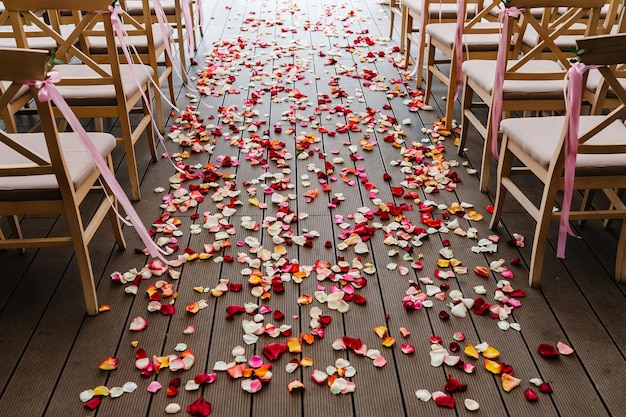 Pétalos de rosas esparcidos en la decoración de la boda de la carretera Vista lateral y vista trasera Las sillas de madera están decoradas con cintas de lazo rosa y verdes en el área de banquetes del patio trasero Ceremonia de boda