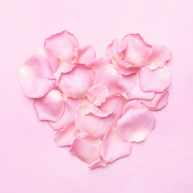 Pétalos de rosas en forma de corazón sobre un fondo rosa pastel