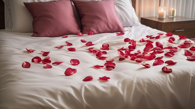 Pétalos de rosas rojas en una cama en una habitación de hotel el día de San Valentín