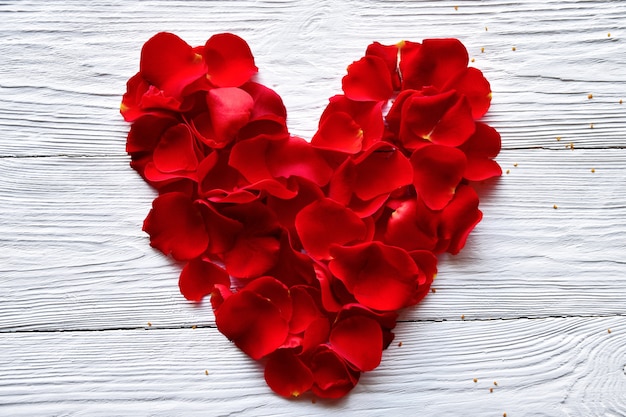 Pétalos de rosas rojas dispuestas en forma de corazón sobre una madera blanca. Concepto de San Valentín