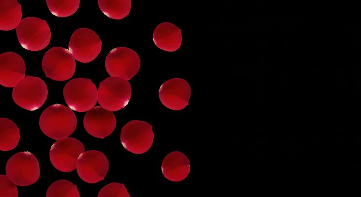 Foto los pétalos de rosas rojas esparcidos sobre un fondo negro crudo crean una imagen romántica visualmente llamativa