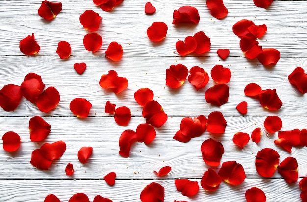 Pétalos de rosas rojas y pequeños corazones de madera roja sobre un fondo blanco de madera. Vista superior. Fondo de San Valentín.