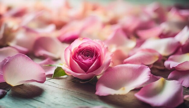 Los pétalos de rosas rosadas caídas suaves en la superficie simbolizan la naturaleza transitoria de la belleza