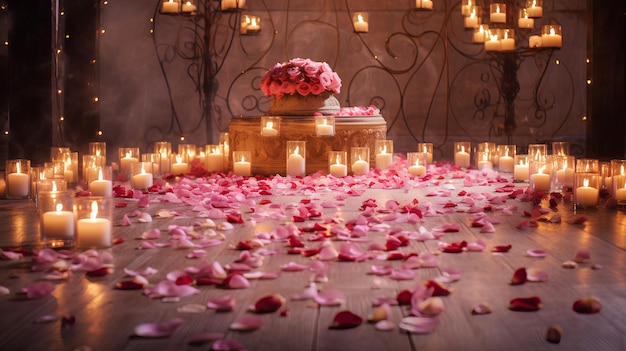 Pétalos de rosas con velas en el suelo fondo romántico papel tapiz romántico