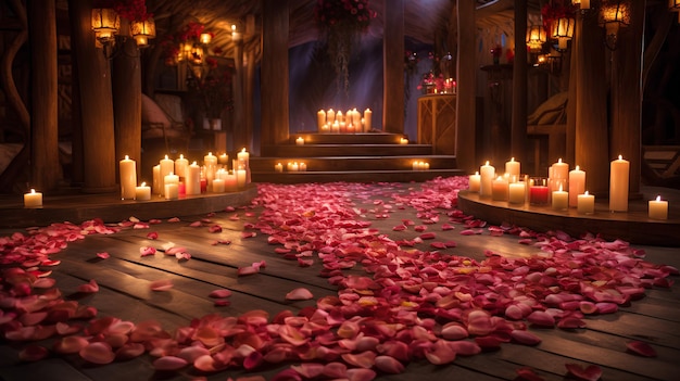 Pétalos de rosas con velas en el suelo fondo romántico papel tapiz romántico