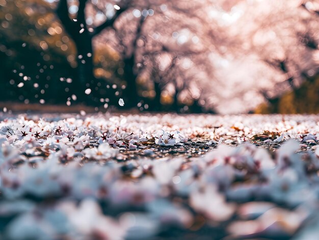 Pétalos de sakura cayendo al suelo en un parque en primavera