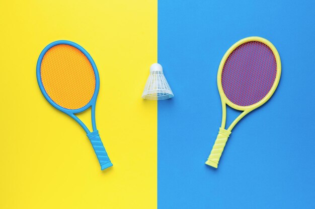 Peteca e duas raquetes de badminton em um fundo amarelo e azul Conceito esportivo mínimo