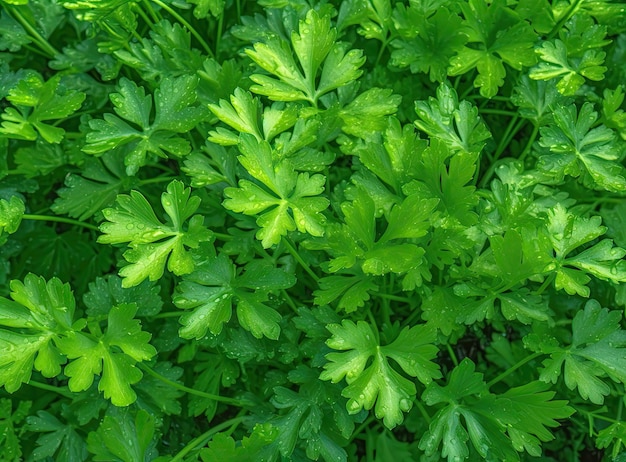 Petersilie wächst im Garten. Sie wird im Freien im Gartenbereich angebaut. Grüner Hintergrund aus Petersilienblättern, Draufsicht, Nahaufnahme