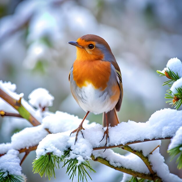 Foto el petirrojo europeo en un bosque de robles nevado en un frío día de invierno con la primera luz del día