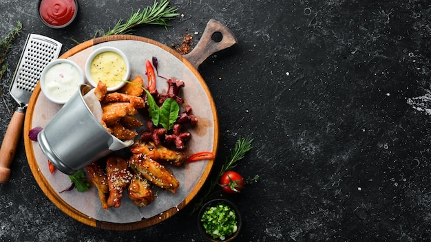 Petiscos para cerveja no tabuleiro Asas de frango nuggets salsichas Vista superior Espaço livre para o seu texto