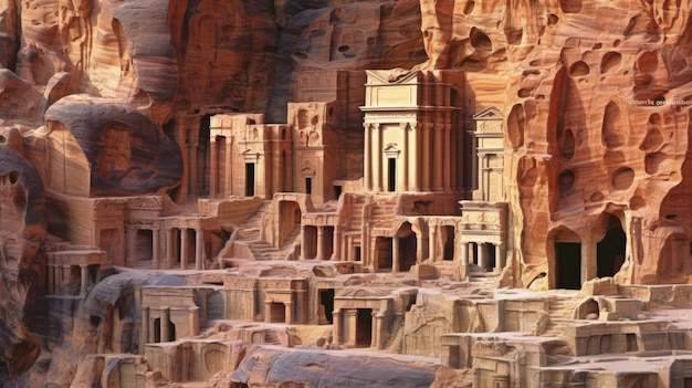 Petra jordan ciudad antigua fachadas de roca talladas arqueológicas creadas con tecnología de IA generativa