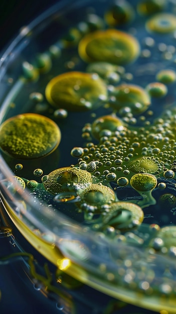 Petri-Schüssel mit einer wachsenden grünen Bakterienkultur Mikrobiologie und Biotechnologie KI generiert