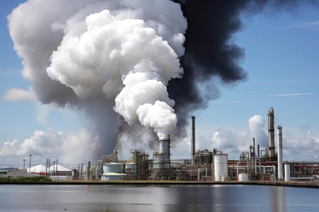 Petrochemische Anlage mit Rauch, der aus den Schornsteinen aufsteigt, und Tankern, die an den Docks beladen werden