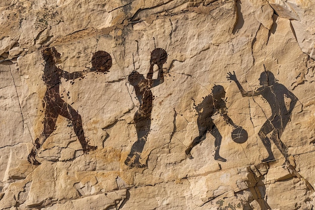 un petroglifo de hombres de las cavernas neandertales jugando al baloncesto