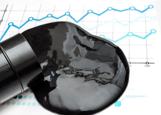 Petróleo bruto derramado do contêiner em gráficos financeiros Conceito de negócios