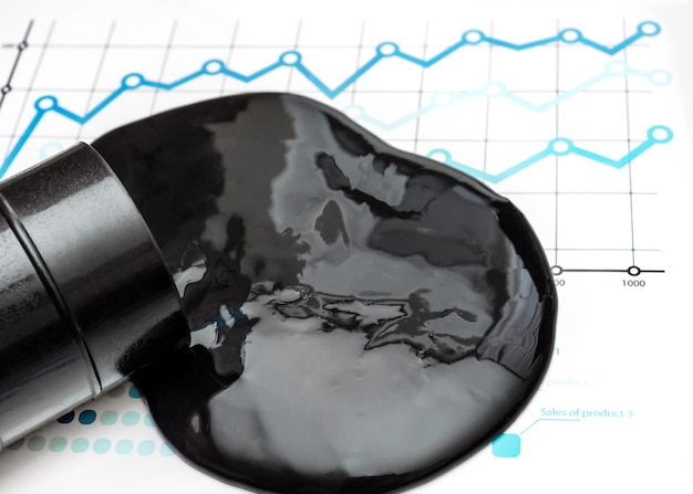 Petróleo crudo derramado del contenedor en gráficos financieros Concepto de negocio