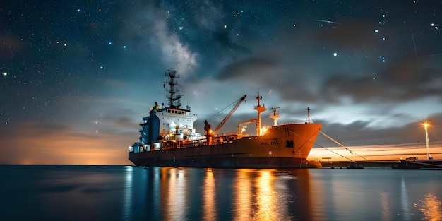 Un petrolero atracado por la noche en un muelle en alta mar bajo cielos estrellados Concepto Petrolero Fotografía nocturna Manto en alta mar Cielos estelares Escena industrial