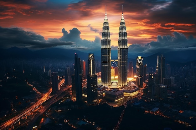 Petronas Towers com a Cidade Moderna na Malásia como destino de férias no pôr-do-sol