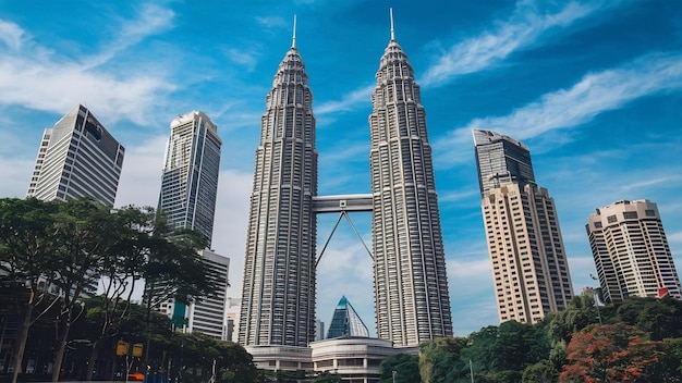 Petronas-Zwillingtürme in der Nähe von Wolkenkratzern und Bäumen unter einem blauen Himmel in Kuala Lumpur, Malaysia