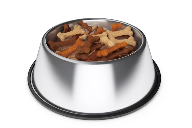 Pets Bowl mit Hundefutter Knochen auf weißem Hintergrund. 3D-Rendering