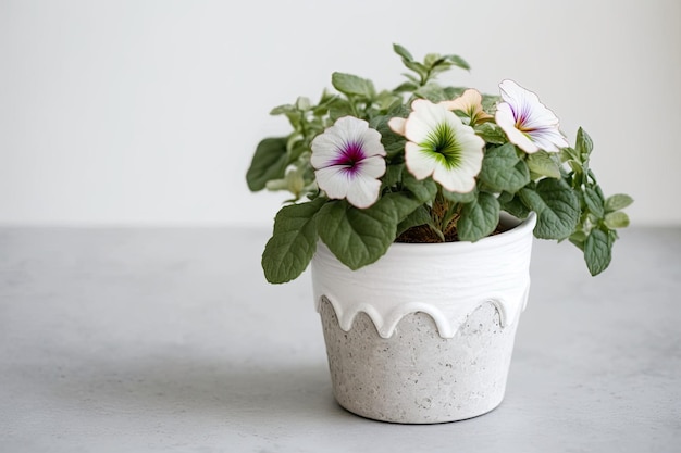 Petúnia de flores em vaso sobre fundo de cimento de mesa branca para mensagem de escrita de letras