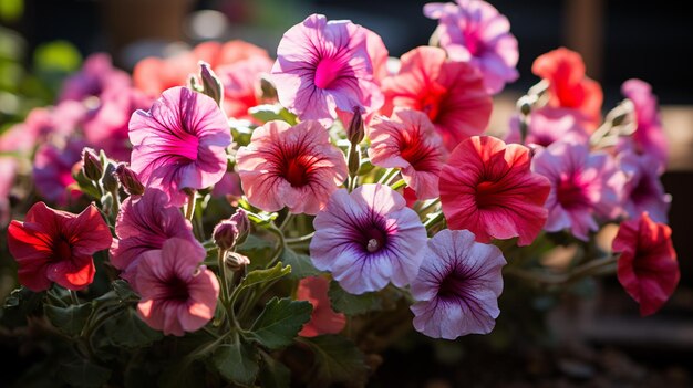 Las petunias rojas, rosas y violetas florecen en el jardín.