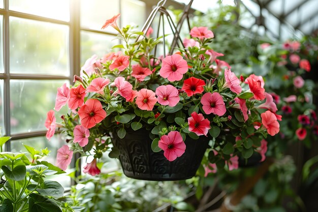 Petunienblüte im Topf, Frühlingsblumen in großen Glasgewächshäusern