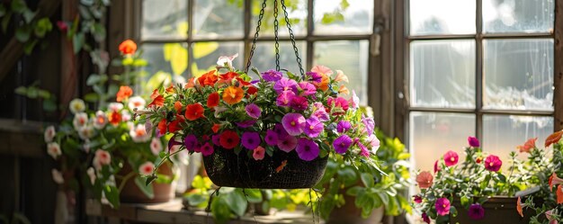 Foto petunienblüte im topf, frühlingsblumen in großen glasgewächshäusern