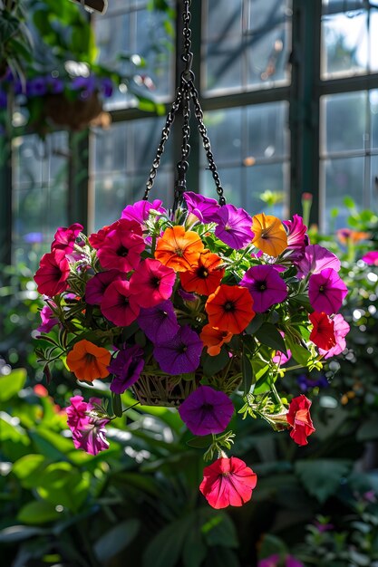 Petunienblüte im Topf, Frühlingsblumen in großen Glasgewächshäusern