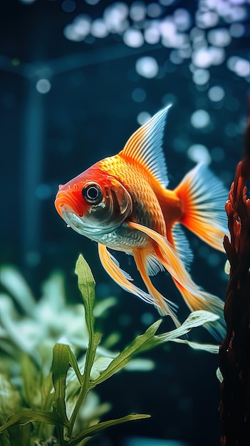 un pez en un acuario con hojas verdes.