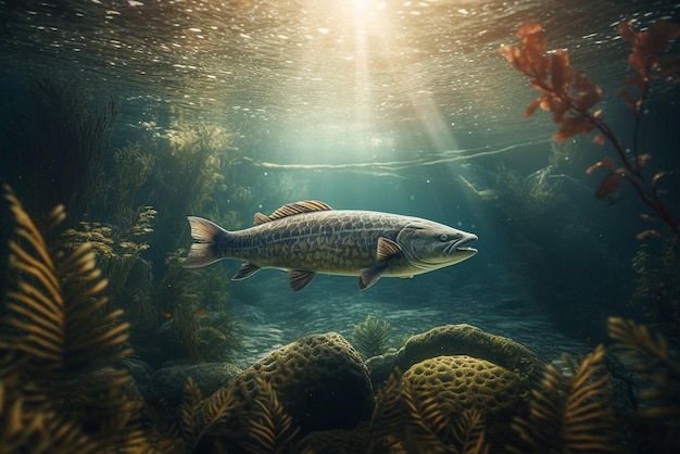 Un pez en un acuario con el sol brillando sobre él.